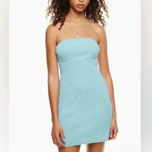 Aritzia Wilfred Attention Smocked Strapless  Mini Tube Dress Blue Size Small